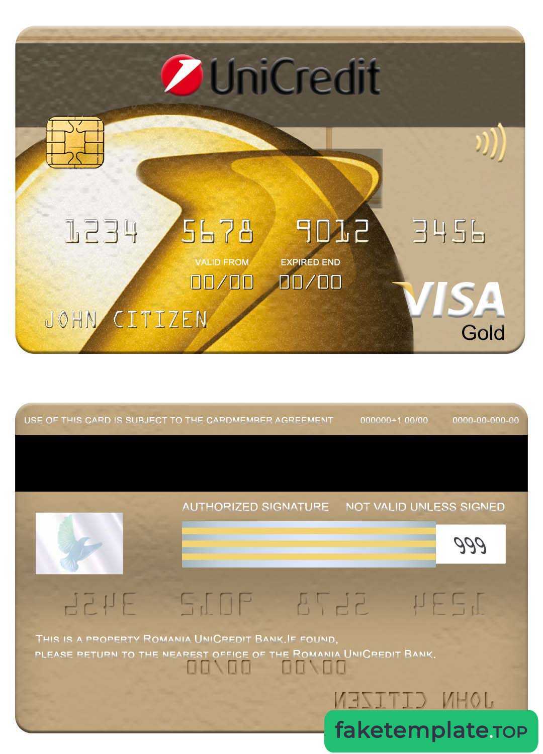 Feature of fake Romania UniCredit Bank visa gold card